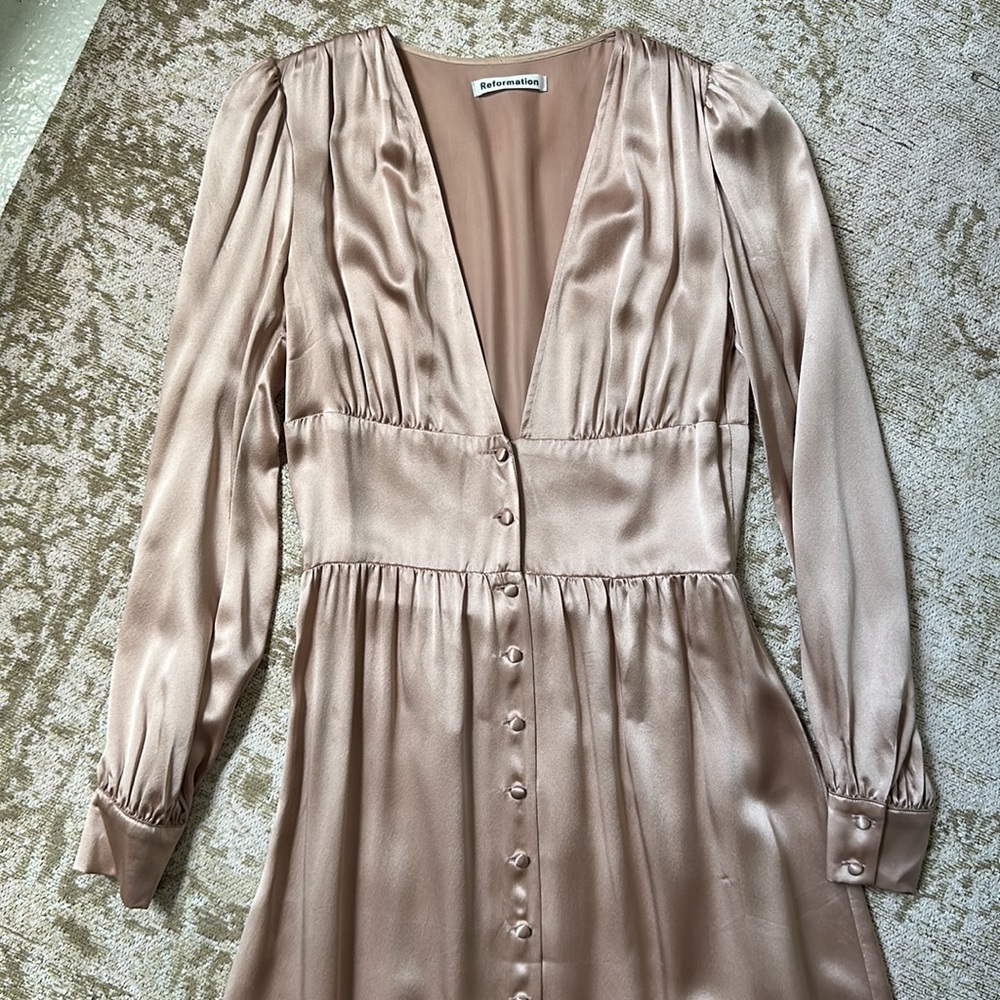 midi length deep v neckline reformation silky nicola dress